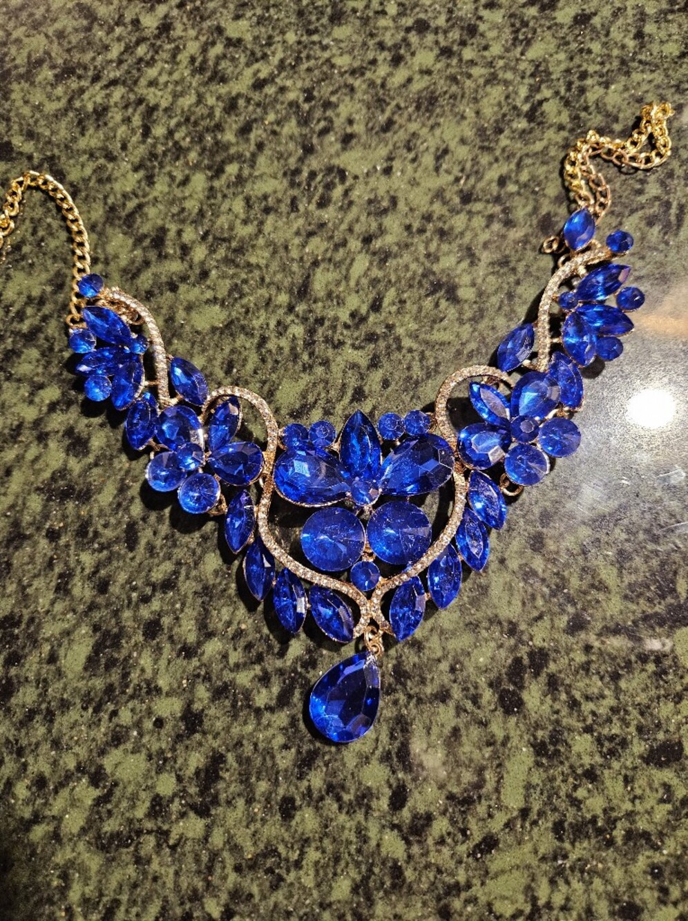 Blue Crystal Statement Necklace - Gold Tone